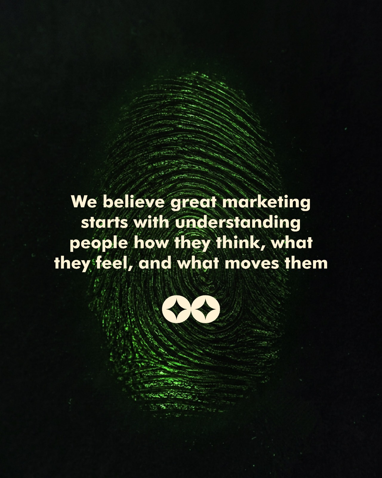 Cinco brand artwork with a green fingerprint and an ivory statement about human understanding