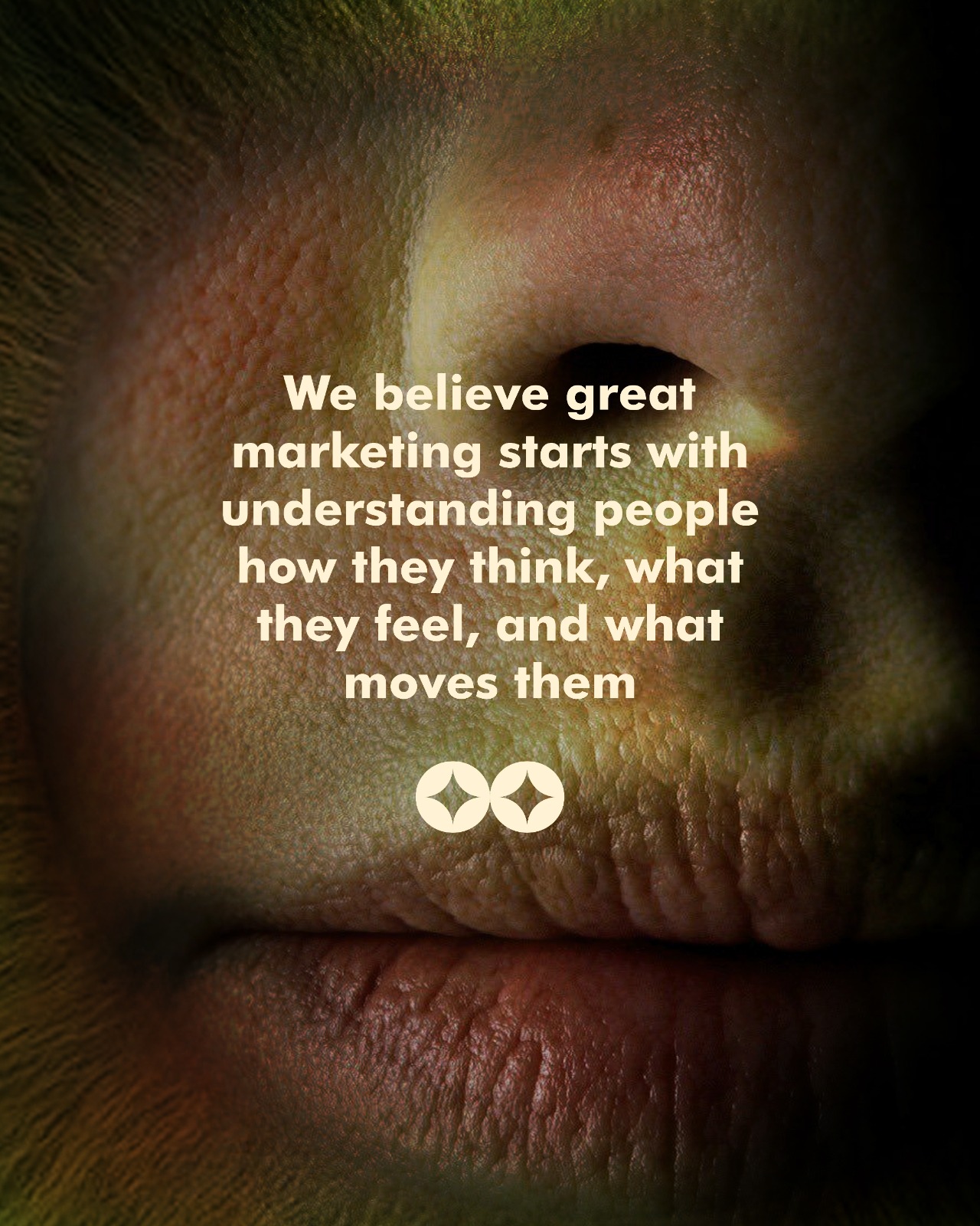 Cinco brand artwork showing a close-up face with a statement about understanding people